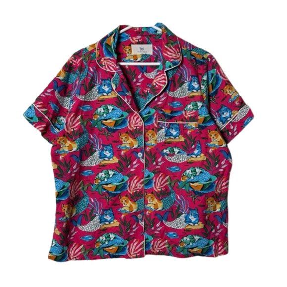 Print Fresh pajama shirt top button meowing mermaids short sleeve cotton M - Picture 1 of 10